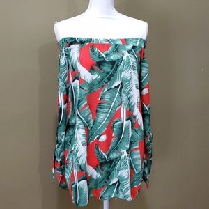 Adrienne Off the Shoulder Top Red Palm Leaves